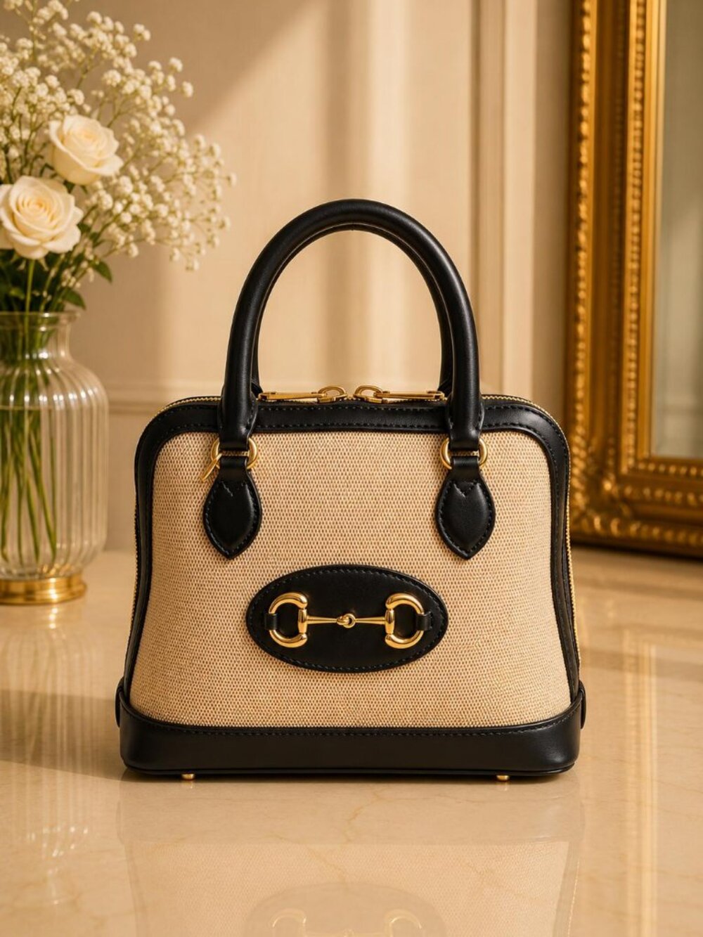 Authentic Gucci Horsebit 1955 Canvas & Leather Top Handle Crossbody Bag